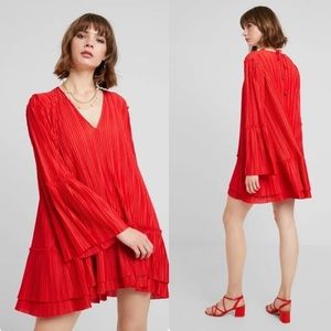 Free People Red Pleated V-Neck Mini Dress